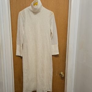 ZARA New Knit turtleneck patterned sweater dress with slip white small